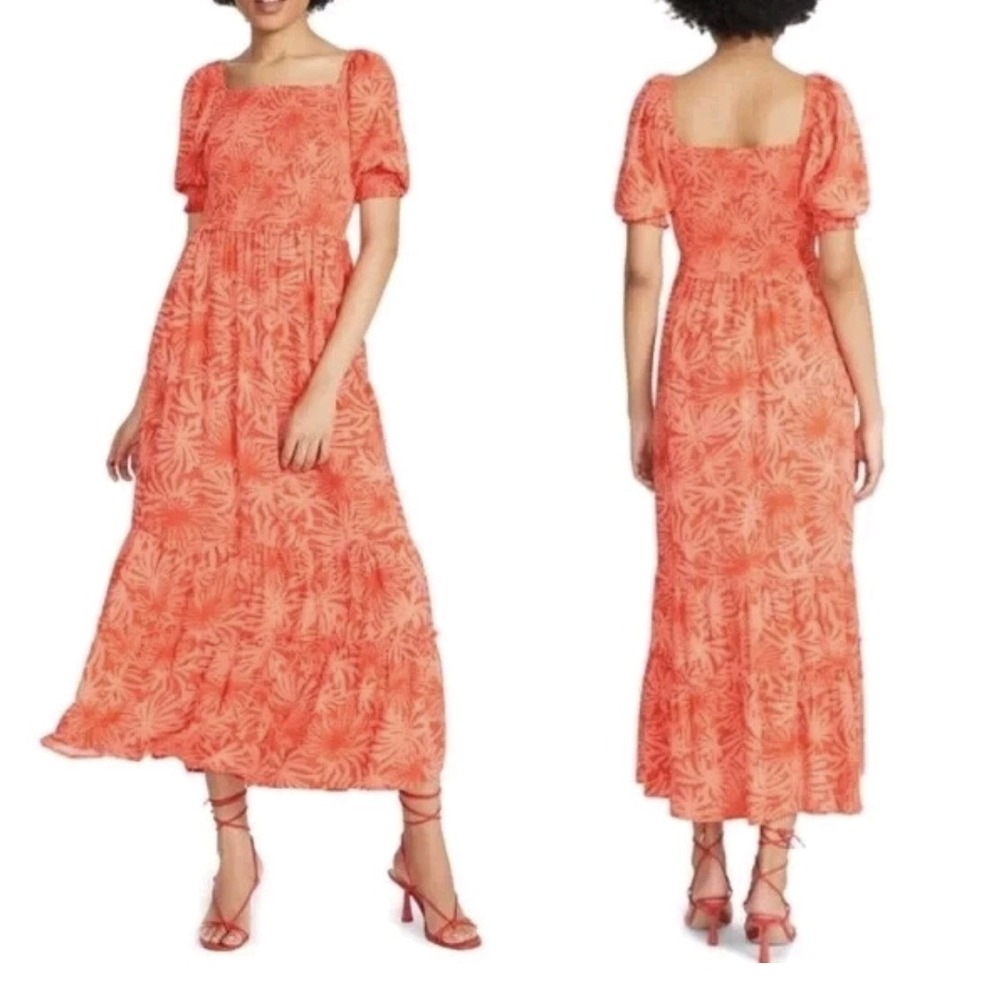 Betsey Johnson NWT Smocked Maxi Dress Small Spicy Orange Tropical Puff Sleeve